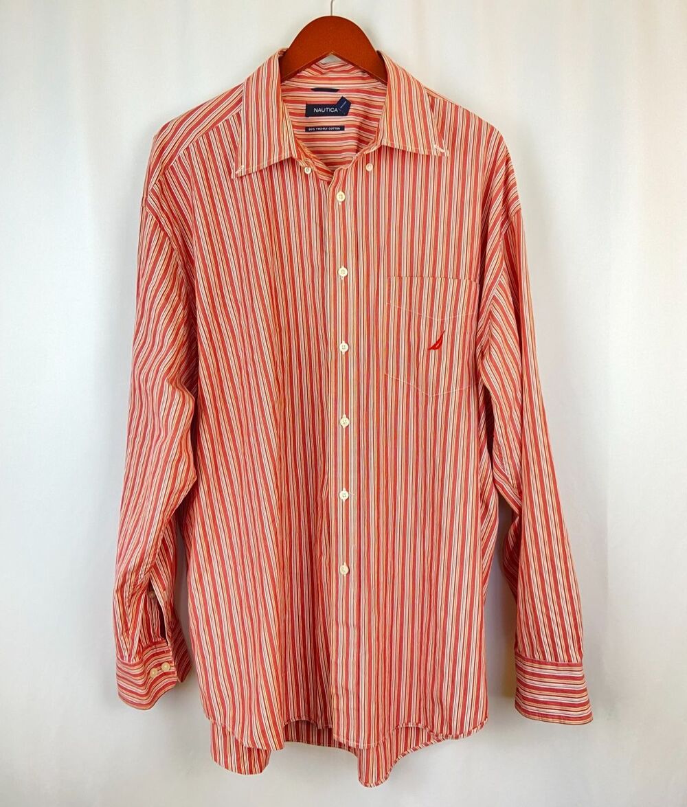 EUC Nautica Shirt Mens 2XL XXL Red Salmon Striped Long Sleeve 80s Two-Ply Cotton